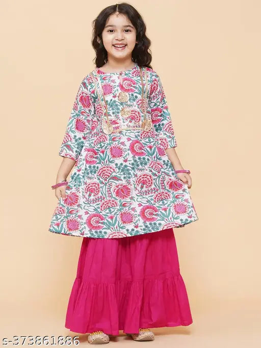 Printed rayon A-line BUTI kurta & sharara set with lace work for girls aged 4-5 years, knee length top and no dupatta