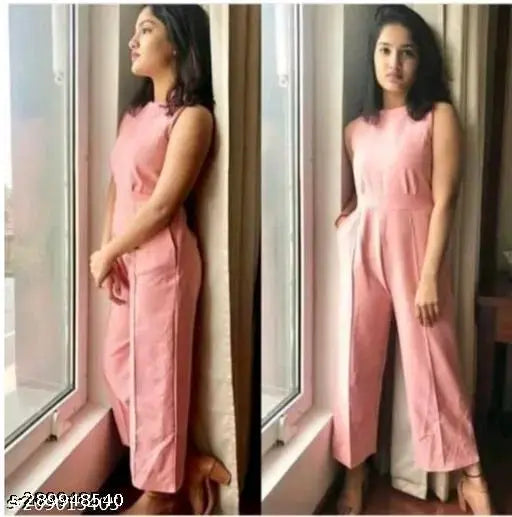 Peach viscose sleeveless jumpsuit, Indian fashion round neck pleated design for women