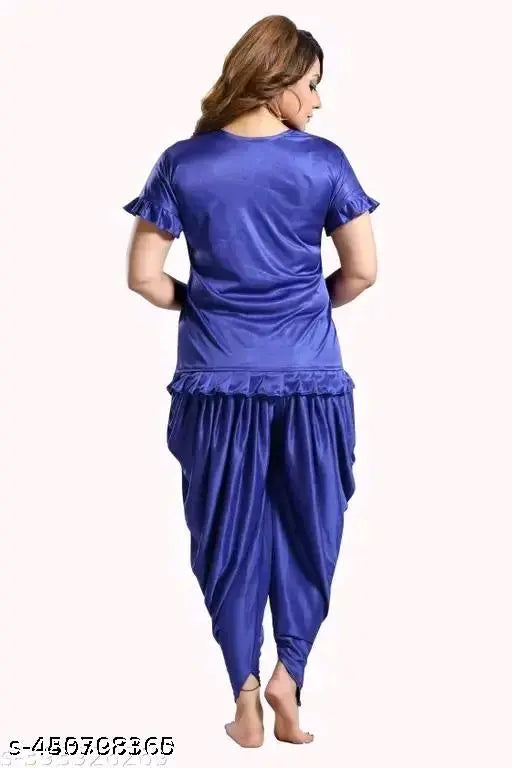 Satin solid night suit set (top & dhoti), sleeveless, pack of 1. Indian-made lingerie with free size options and lace detailing