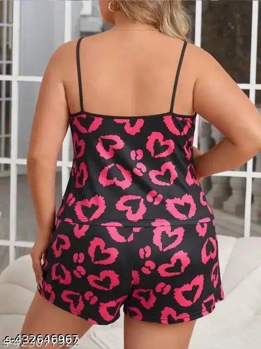 Plus size beige cami top & shorts night suit, cartoon print polyester babydoll dress for women, high-quality, stretchy & breathable