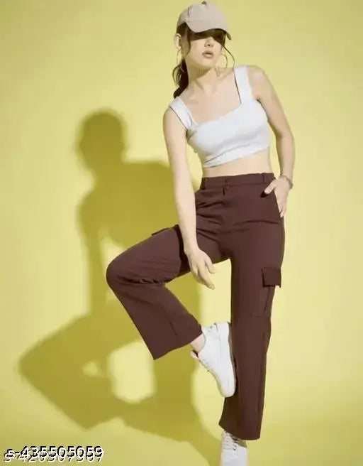 Cotton-linen cargo pant for women, comfortable and fashionable in solid net design. Available in sizes M, L, XL with waist sizes 26", 28", 30", and 32". Made in India