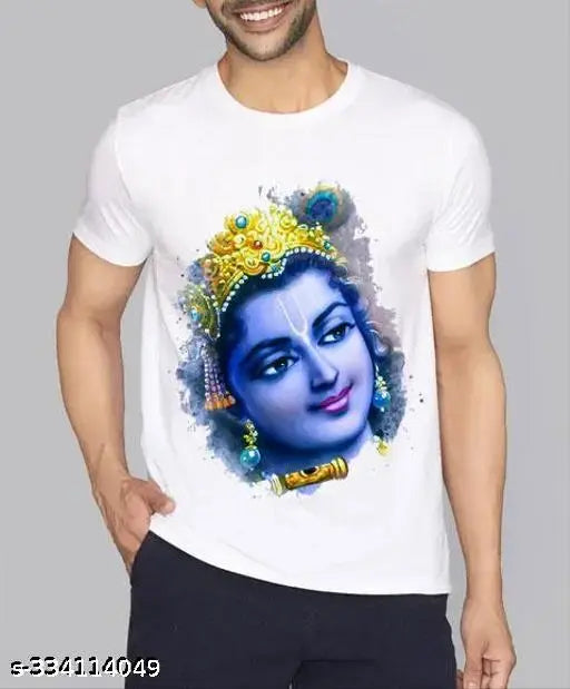 Krishna Face striped polyester t-shirt, white graphic design on Indian-made apparel (S-XXL sizes available)