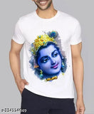 Krishna Face striped polyester t-shirt, white graphic design on Indian-made apparel (S-XXL sizes available)