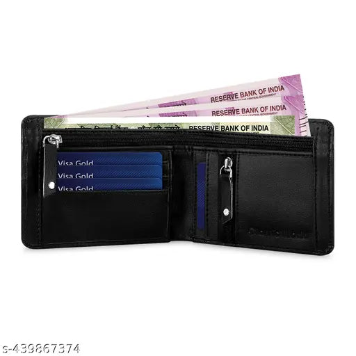 Black PU two-compartment wallet, classic stylish trending design with five card slots, coin pocket, and two zip locks. Ideal for daily use and gifting." (103 characters)