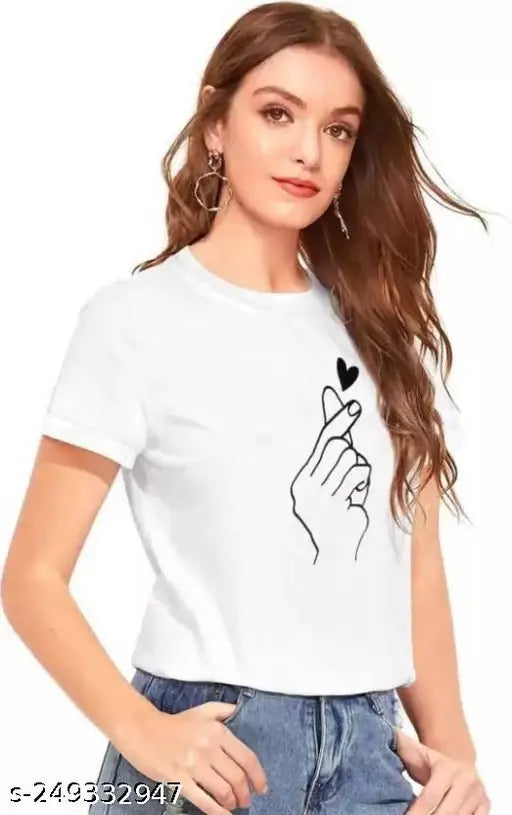 Stylish fashionable women's polycotton t-shirt, short sleeves, printed design, versatile for office and casual outings. Available in sizes S, M, L, XL. Indian brand offering quality and comfort