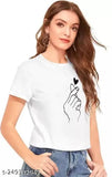 Stylish fashionable women's polycotton t-shirt, short sleeves, printed design, versatile for office and casual outings. Available in sizes S, M, L, XL. Indian brand offering quality and comfort
