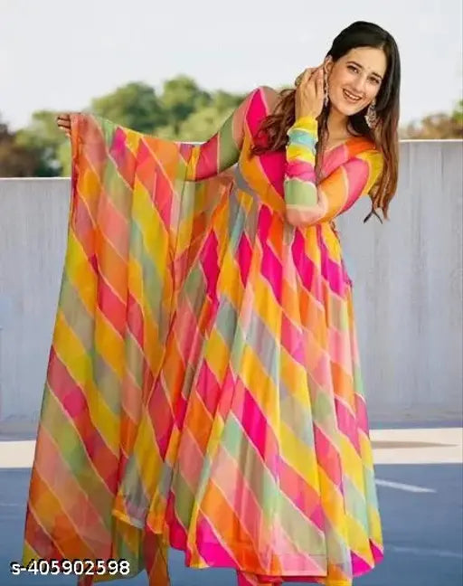 Georgette digital printed kurta set with dupatta for women, single set in sizes S-XXL, pink and floral design, Indian ethnic wear