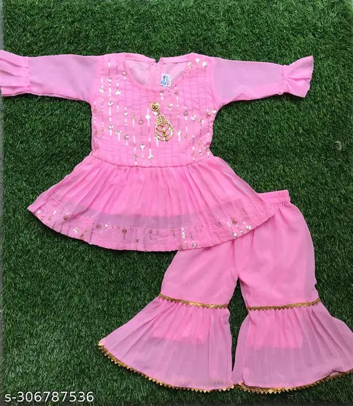 Graceful chiffon kurta sets for babies, A-line shape with embellished sleeves, India-origin clothing for 3-6M to 0-1Y