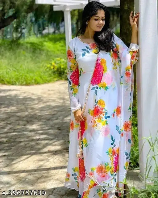 Peary printed georgette gown with dupatta, three-quarter sleeves, vibrant print on Indian fashion model