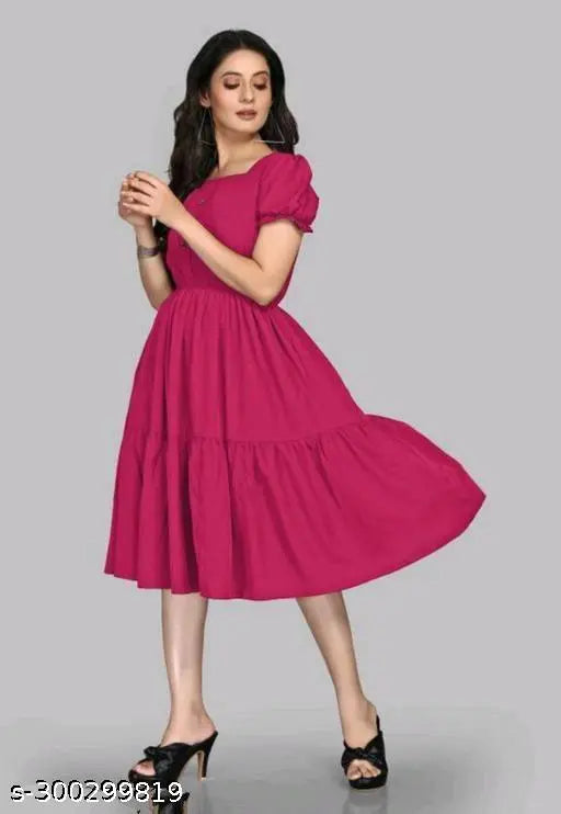 Pretty pink rayon party dress, solid net design for women's fashion, India-made