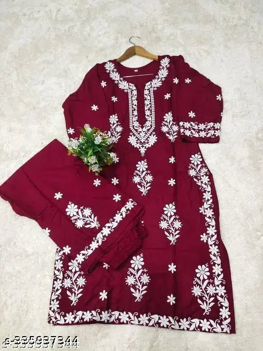 Rayon 2pc Set, embroidered net Indian kurta with palazzos, three-quarter sleeves, various sizes available