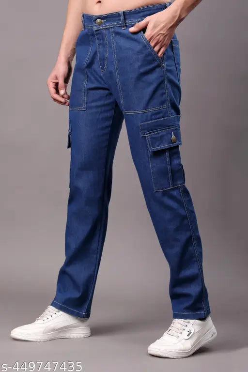 Men's fashion cargo pants blue denim jeans 6 pockets work wear