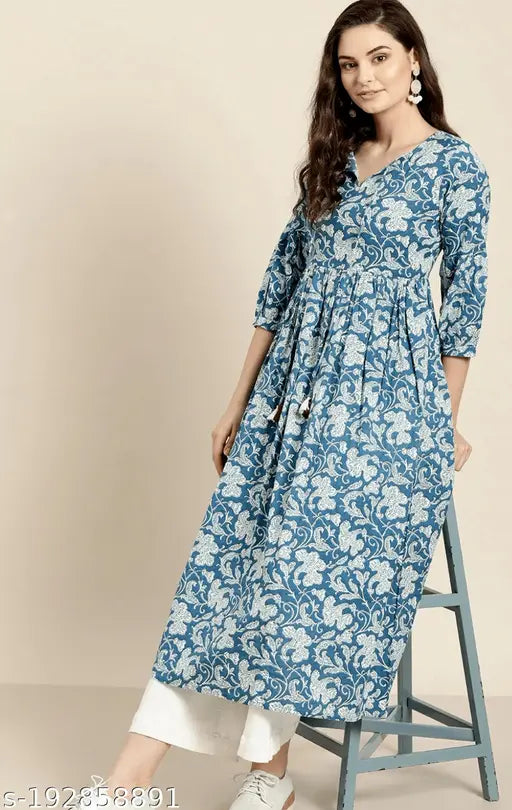 Blue cotton 101kurtiplazzo with floral print, ruffled sleeves, and pleated detail.