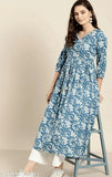 Blue cotton 101kurtiplazzo with floral print, ruffled sleeves, and pleated detail.