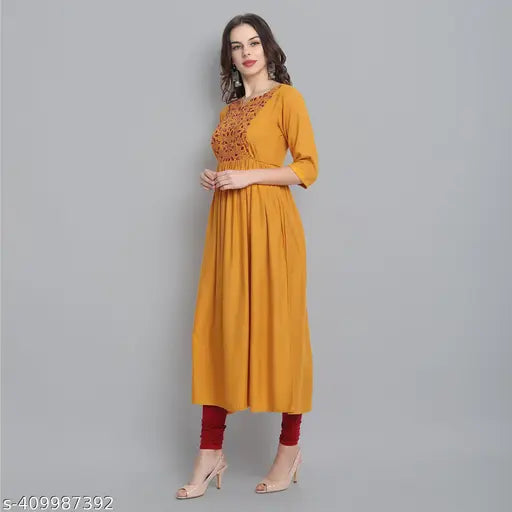 Rayon embroidered A-line kurta, three-quarter sleeves by fashion patti, Indian women's fashion on mannequin (S: Bust 18in, M: Bust 19in)