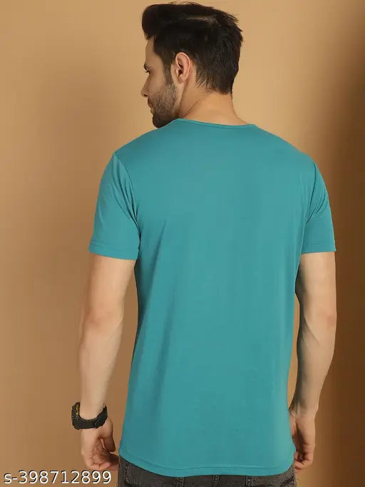 Green cotton regular round t-shirt, Vimal Jonney men's placement print with short sleeves, solid pattern from India