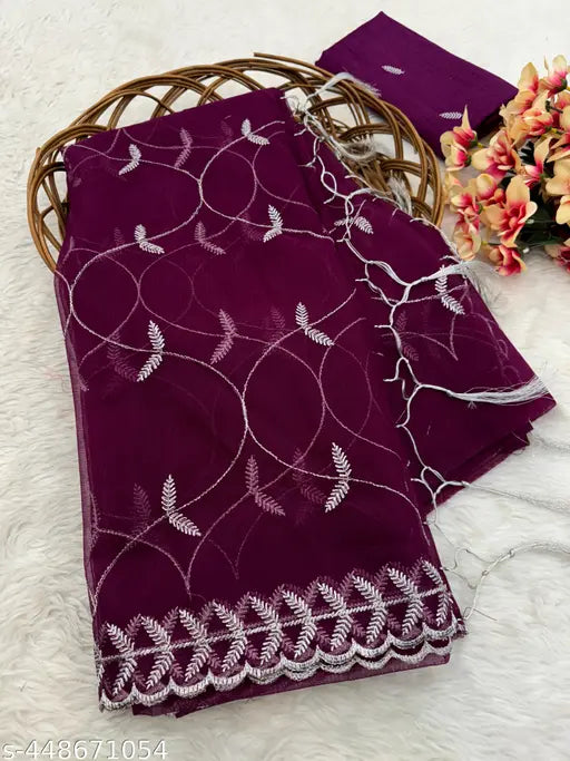 Silver zari embroidered super net saree with separate Bangalori silk blouse, intricate cutwork broder on pallu