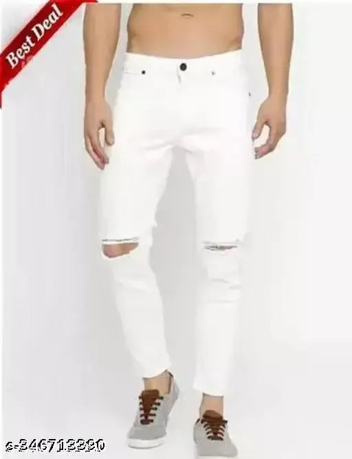 Men's white denim knee-slit jeans, solid pattern, ideal for a contemporary fit, size 28, 30, or 32