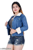 A person wearing a denim jacket with fur lining, open at the front