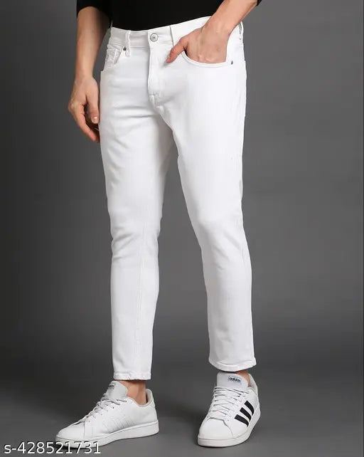 Stylish and comfortable white denim jeans for men & boys, slim fit, mid-rise, versatile for casual or partywear. Sizes: 26, 28, 30, 32 (Waist 26/28/30/32, Hip 30/32/34/36, Length 39 inches). Made in India