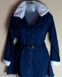 Soft blue denim jacket with hood, faux fur trim and belt, women's fashion coat