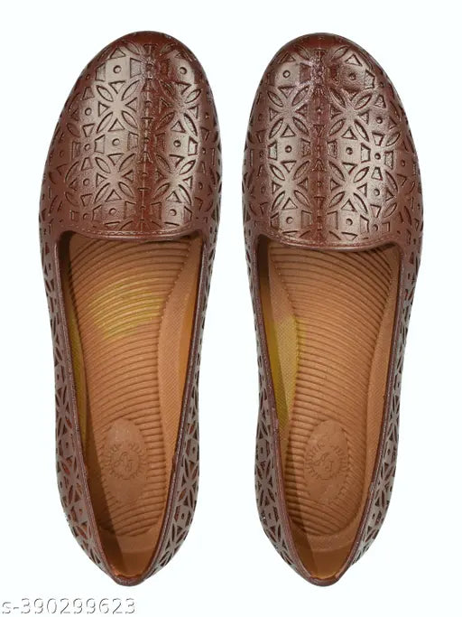Brown plastic ballet flats with solid pattern, slip-on design - Ajanta Women's PL2001, India origin