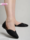 Black suede pointed toe flat belly shoes for women & girls, slip-on design with upper rhinestones, wearable with jeans and tee or dress, Indian origin