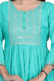 Teal embroidered dress with short sleeves and side zip closure
