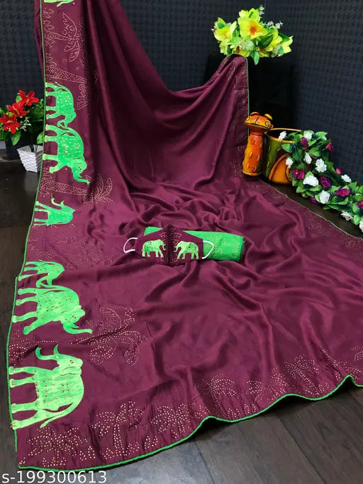 Vichitra Silk saree with rhinestone embellishments and running dupion blouse, India-made traditional attire for women