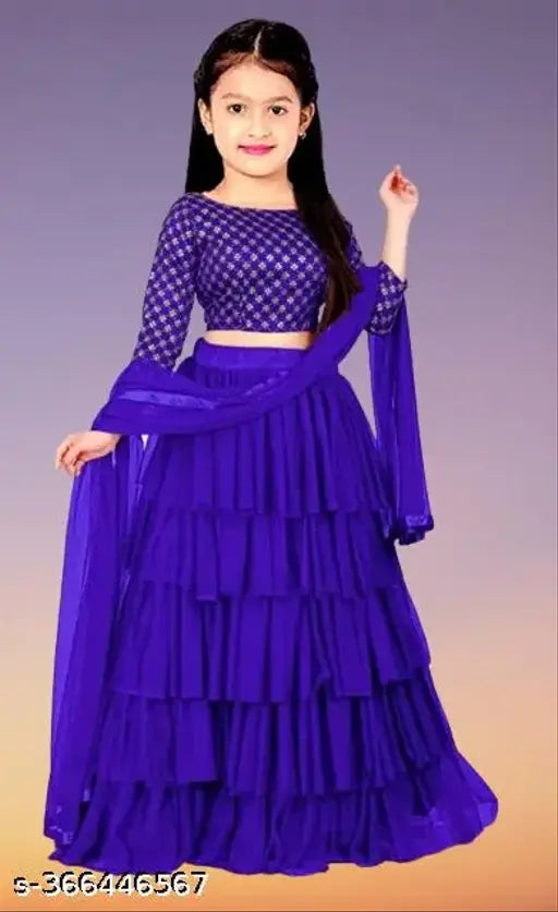 Satin and net ruffle lehenga choli for kids, featuring embroidery. 100% good material, semi-stitched design. Available in sizes 2-15 years