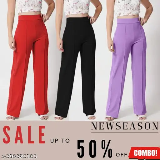Red and black stretchy fabric high waist wide leg trousers. Includes three styles, different lengths, up to 50% off sale