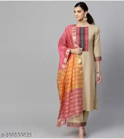 Solid cotton Chiku Kurta set with royal dupatta & Palazzos, royal blue & gold embroidery, Indian traditional wear