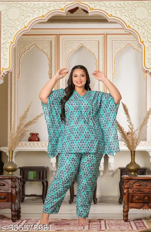 Aqua blue floral print cotton nightsuits pack of 2 - Indian geometrical printed kaftans for women in soft colors