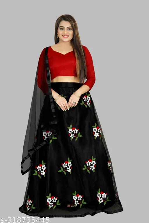 Black embroidered semi-stitched lehenga choli set with net dupatta, featuring floral motifs and ethnic patterns. Ideal for weddings or festivities. Indian origin
