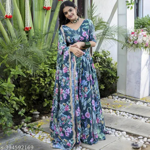 Floral printed faux georgette Lahenga set, semi-stitched with choli and dupatta, free size, India origin