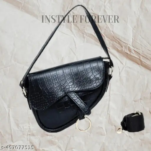 Stylish black animal textured structured sling bag for women and girls, crocodile skin pattern
