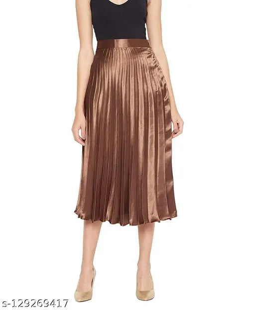Satin pleated midi skirt for women, full-length, elastic waistband, western style, trendy, travel-friendly, polyester lining, suitable for Indian women. Available in sizes 28-Free Size. Made in India