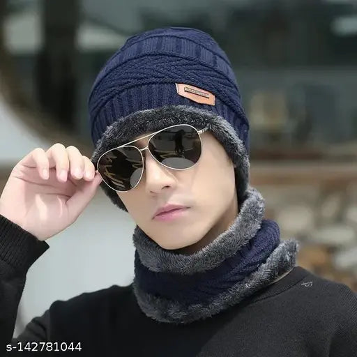 Blue fur and wool winter beanie cap set with neck warmer