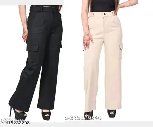 Straight fit high rise women's cargo trousers, light beige fabric with pockets