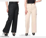 Straight fit high rise women's cargo trousers, light beige fabric with pockets