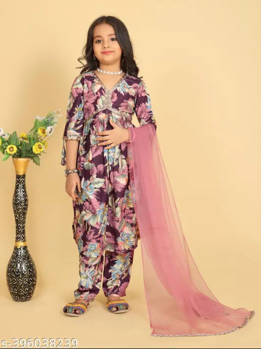 Vibrant yellow Kora Muslin kurta with dupatta & pant for girls, traditional Indian ethnic wear