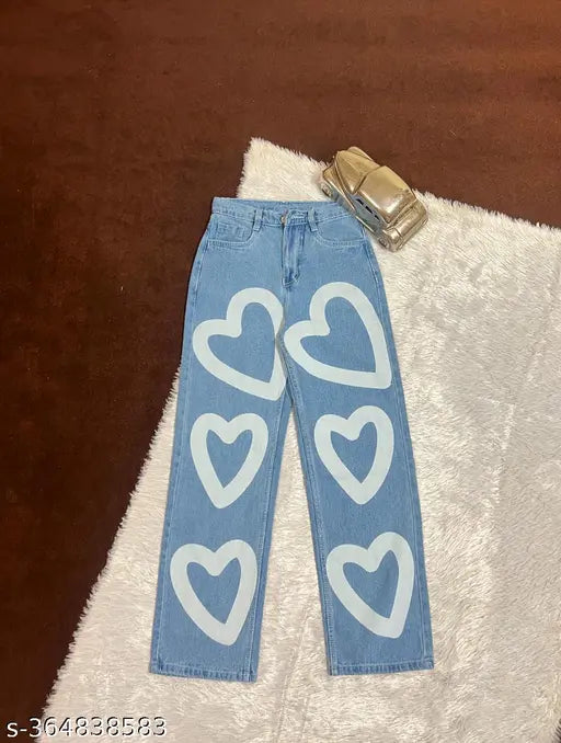Sky blue denim jeans with big heart print, wide leg style