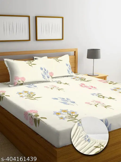 Cream cotton elastic fitted bedsheets, double king size with 2 pillow covers, floral print, supersoft 220TC, ideal for summer