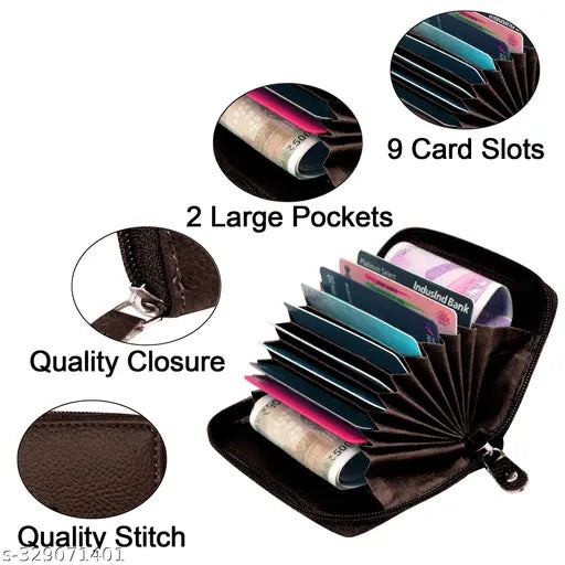 Brown genuine leather unisex card holder with zip closure, features 9 card slots and 2 cash compartments