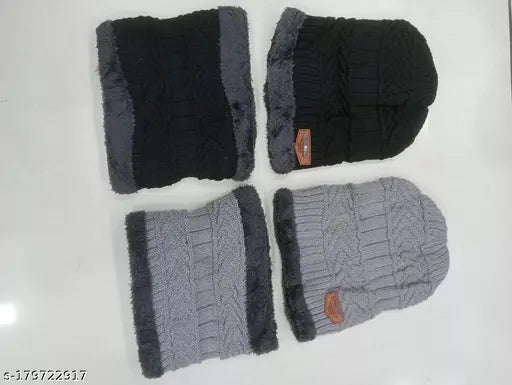 Woolen unisex beanie caps & faux fur-lined scarves (grey, black), winter knit style for men, women, girls & boys - India