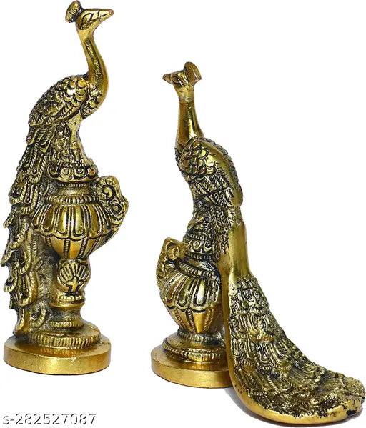 Gold medium Peacock Couple pair showpiece for home office decor, metal bird & animal showpiece with intricate detailing and vibrant finish, measuring 5.5cm x 5.5cm x 17cm, handcrafted in India