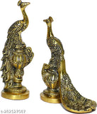 Gold medium Peacock Couple pair showpiece for home office decor, metal bird & animal showpiece with intricate detailing and vibrant finish, measuring 5.5cm x 5.5cm x 17cm, handcrafted in India