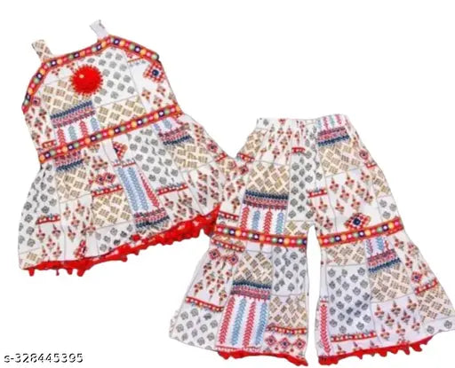 Kids partywear cotton blend sharara set for girls, vibrant printed A-line kurta with ethnic design