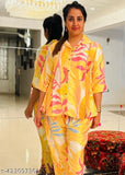 Stylish yellow floral print satin 2-piece loungewear set for women, satin fabric, short sleeves