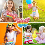 Pop it sling bag, pastel blue color, soft fabric material, for infant baby girl, cartoon illustration of a butterfly with rainbow colors